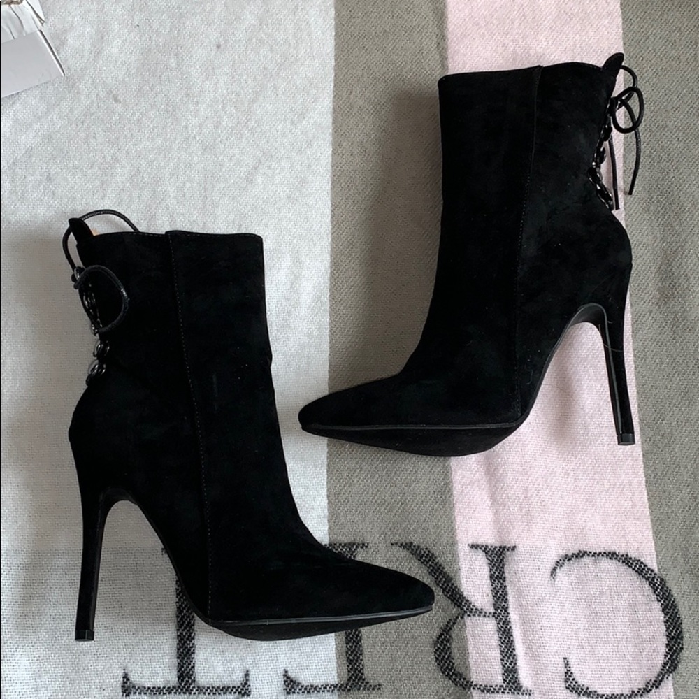 Suede black heel booties with lace-up back